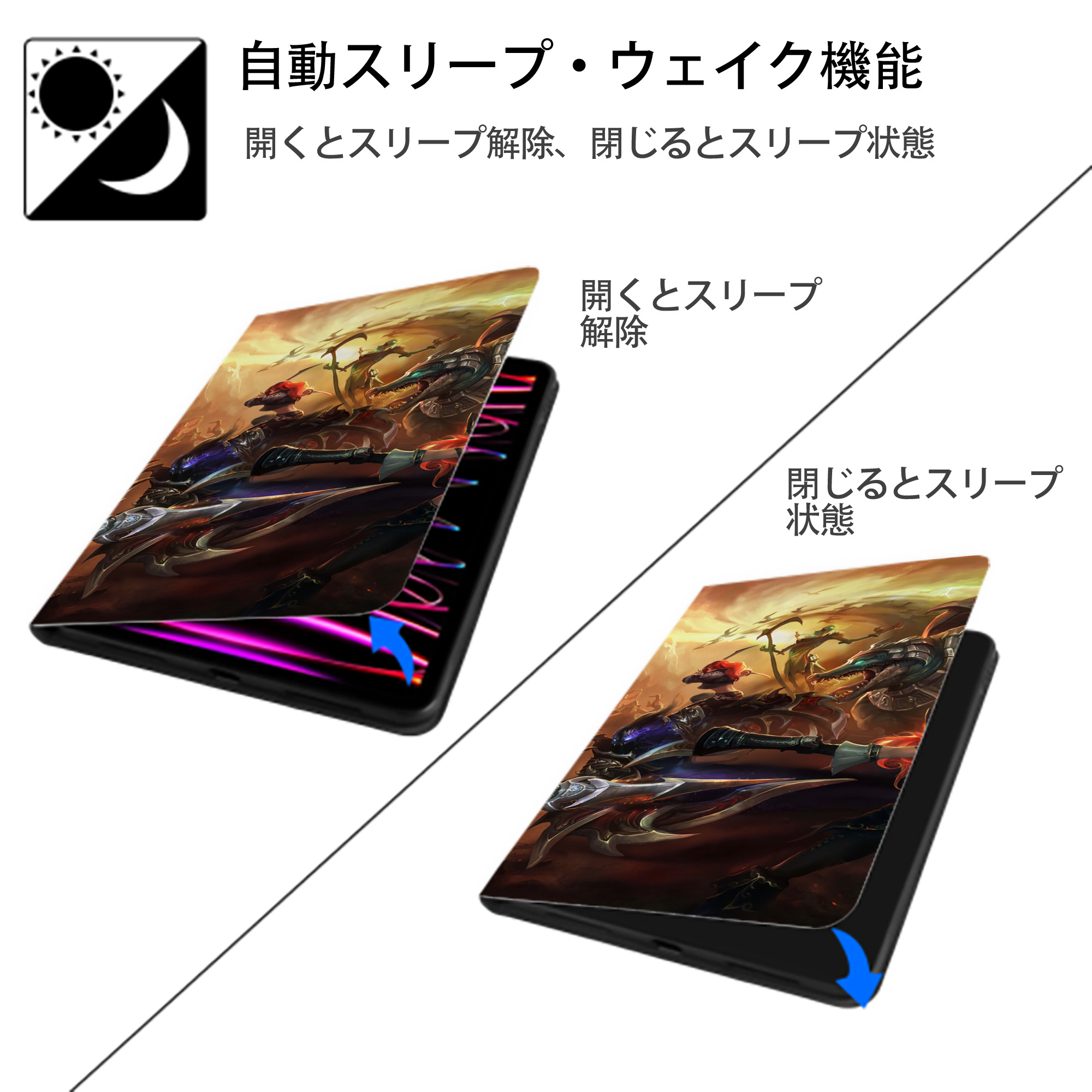 リーグ・オブ・レジェンド League of Legends LOL IPad ケース ブック型 PUレザー TPU 耐衝撃 軽量 薄型 ペン収納なし 全面保護 IPad 各モデル対応