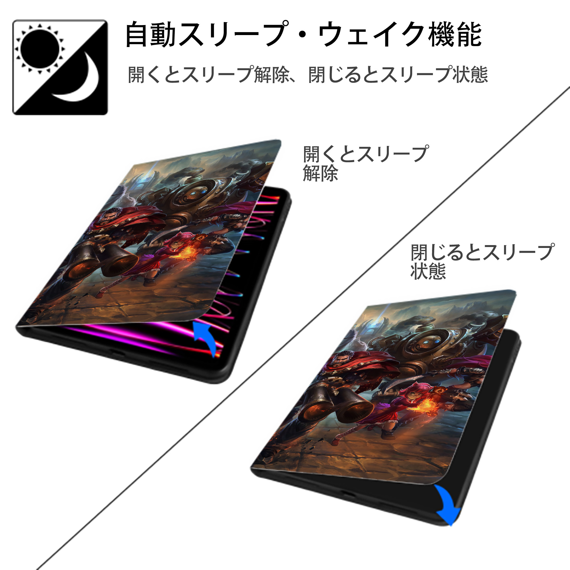 リーグ・オブ・レジェンド League of Legends LOL IPad ケース ブック型 PUレザー TPU 耐衝撃 軽量 薄型 ペン収納なし 全面保護 IPad 各モデル対応