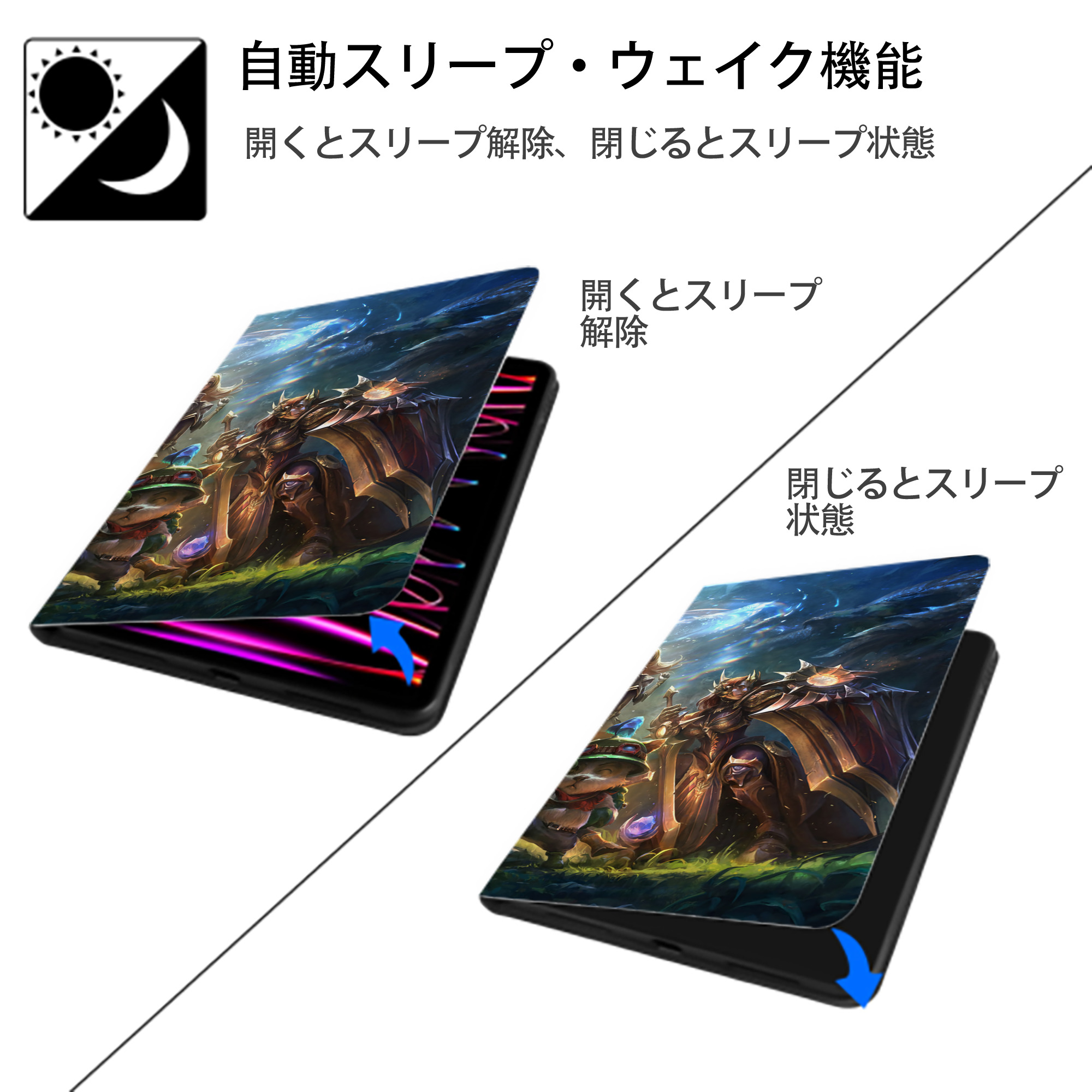 リーグ・オブ・レジェンド League of Legends LOL IPad ケース ブック型 PUレザー TPU 耐衝撃 軽量 薄型 ペン収納なし 全面保護 IPad 各モデル対応