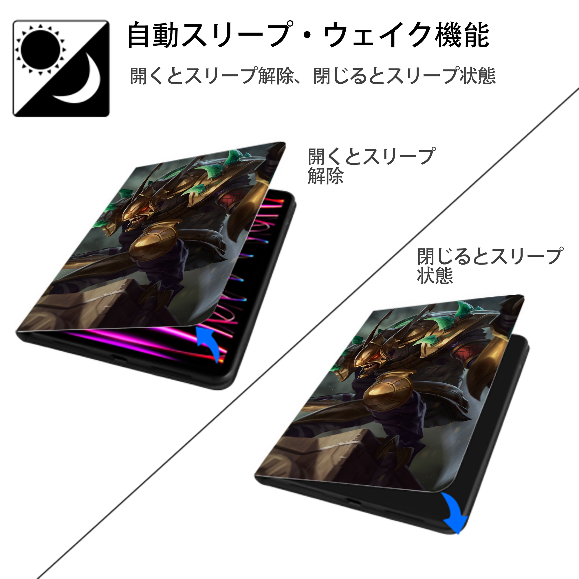 リーグ・オブ・レジェンド League of Legends LOL IPad ケース ブック型 PUレザー TPU 耐衝撃 軽量 薄型 ペン収納なし 全面保護 IPad 各モデル対応