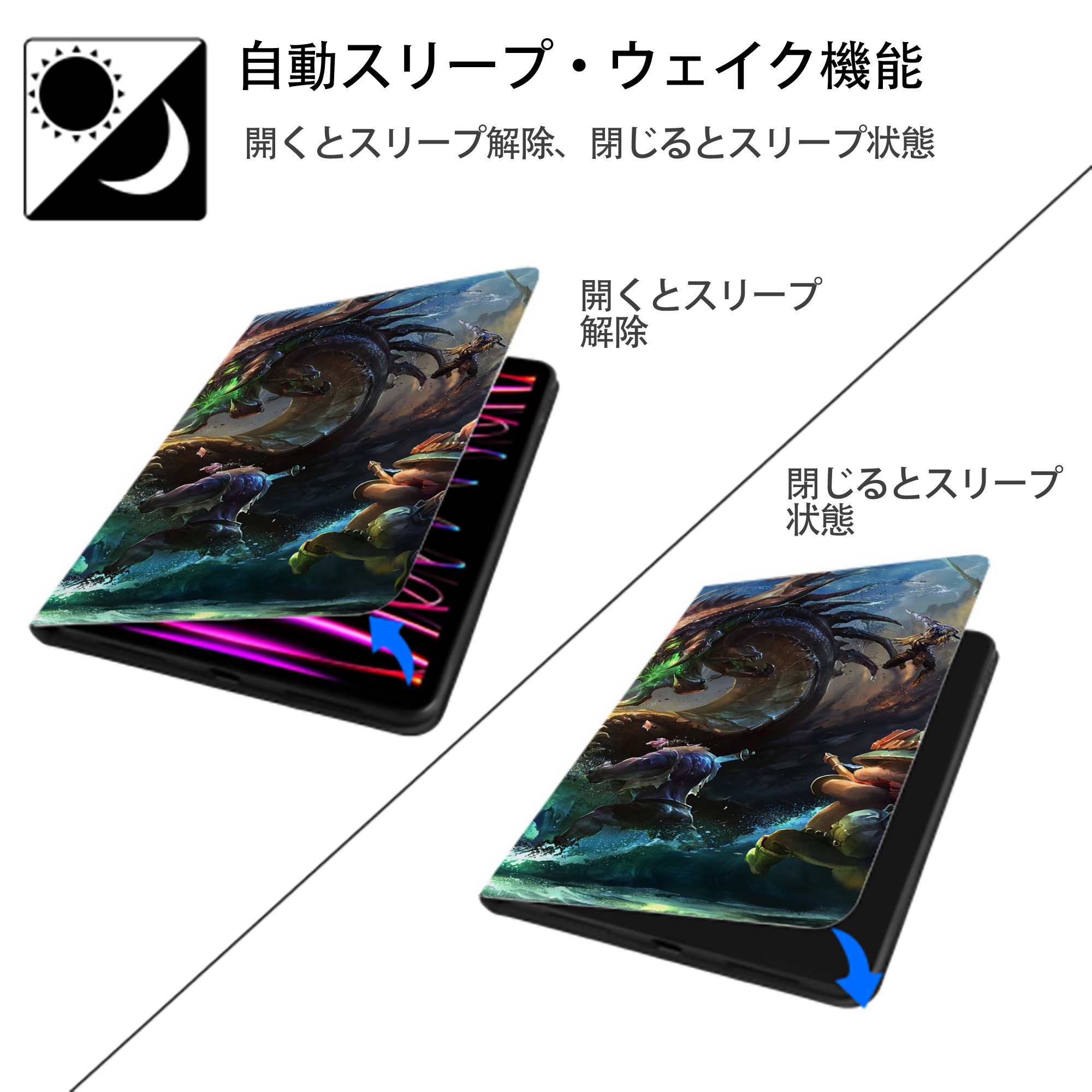 リーグ・オブ・レジェンド League of Legends LOL IPad ケース ブック型 PUレザー TPU 耐衝撃 軽量 薄型 ペン収納なし 全面保護 IPad 各モデル対応
